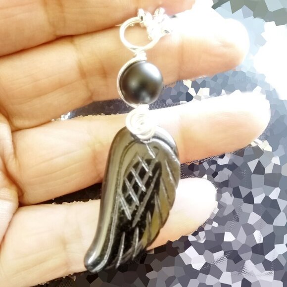 Carved Black Onyx Wing Necklace & Earring Set - Stress Bereavement & Protection - Picture 3 of 10